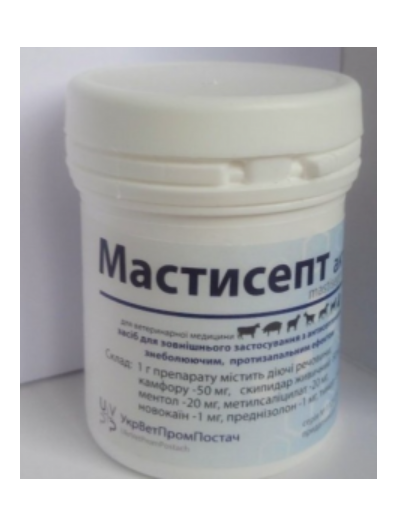 Мазь Мастисепт Актив (камфора, скипидар, ментол, салицилат, новокаин, преднизолон, тимол) – для крупного рогатого скота – противовоспалительное и антисептическое средство для вымени.
