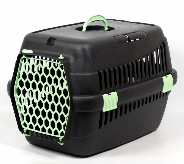 Переноска для животных черная пластик салатовые двери