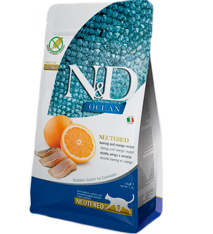 Сухой корм Farmina N&D Grain Free Ocean Herring & Orange Neutered Adult для стерилизованных кошек, с селедкой и апельсином, 1,5 кг  