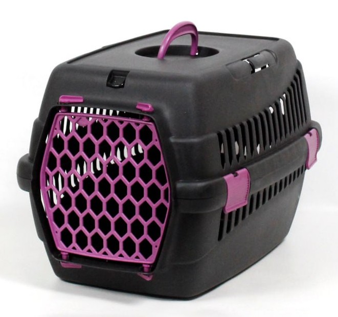 Переноска для тварин чорна пластик фіолетові двері
