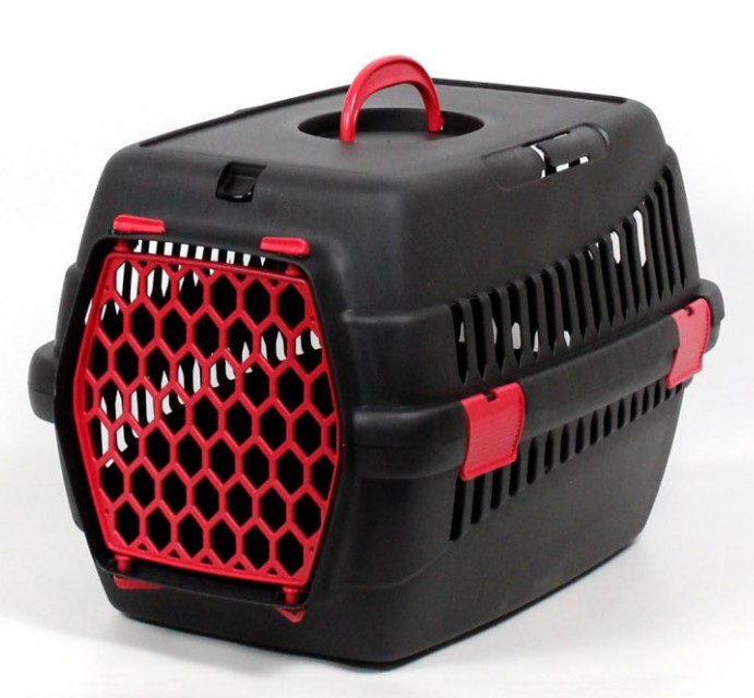 Переноска для тварин чорна пластик червоні двері