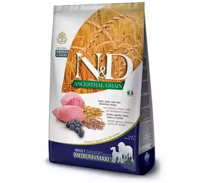 Сухой корм Farmina N&D Low Grain Lamb & Blueberry Adult Medium & Maxi для взрослых собак средних и крупных пород, с ягненком и черникой, 2,5 кг  