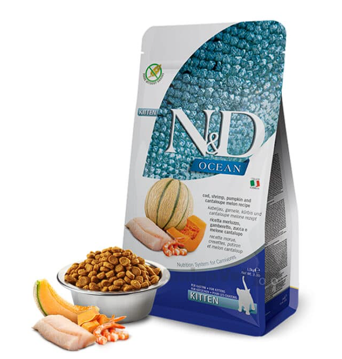 Сухой корм Farmina N&D Grain Free Ocean Cod, Shrimp, Pumpkin & Cantaloupe Melon Kitten для котят, с треской, креветками, гарбузом и дыней, 1,5 кг  