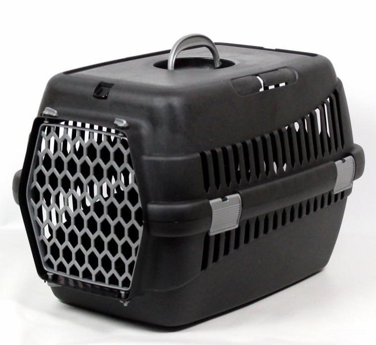Переноска для тварин чорна пластик сірі двері