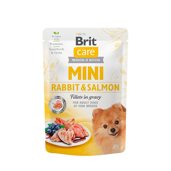 Brit Care Mini pouch Без зерновой влажный корм для собак миниатюрных пород кролик и лосось в соусе, 85 г