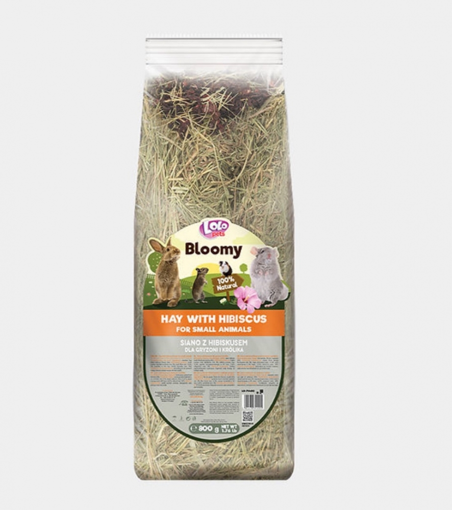 Сіно Bloomy з квіткою гібіскуса для гризунів, 800 г, LoloPets