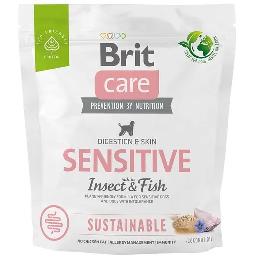 Сухой корм Brit Care Dog Sustainable Sensitive для собак с чувствительной кожей насекомые и рыба.