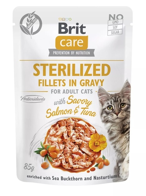Вологий корм Brit Care Cat Sterilized для стерилізованих котів тунець та лосось 85 гр.