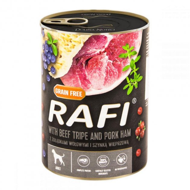 Dolina Noteci Rafi консервы для собак (65%) паштет говядина с ветчиной, голубика и клюква