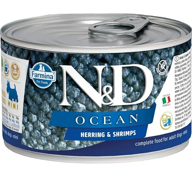 Вологий корм Farmina N&D Grain Free Ocean Herring & Shrimp Adult Mini для собак малих порід, з оселедцем, тріскою, тунцем та креветками, 140 г