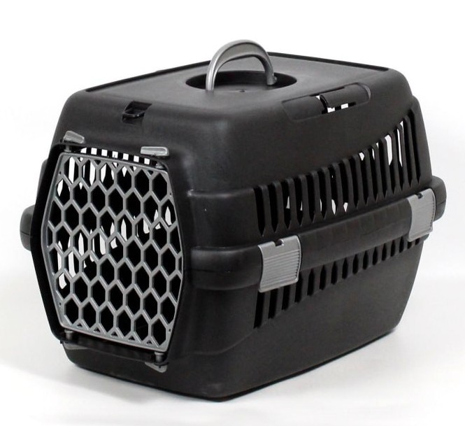 Переноска для тварин чорна пластик сірі двері