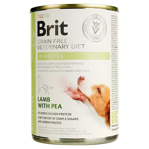 Вологий корм Brit Grain Free Veterinary Diet Diabetes для собак при захворюваннях на цукровий діабет з ягням 400 гр.