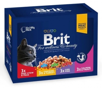 Brit Premium Cat м'ясна тарілка асорті набір павучів 4 смаки для котів по 100 г, 12 шт