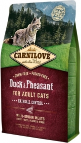 Carnilove Cat Hairball Control с уткой и фазаном сухой корм для кошек для выведения шерсти 2 кг