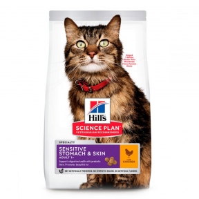 Hills SP Fel Adult SenSt&Sk Ch- для взрослых кошек с чувствительным пищеварением курица 0,3кг+0,3кг 604074 Акция 1+1