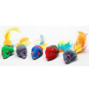 Мышь игрушка для кошек натуральная с погремушкой и пером 5 см 5шт SH03/NT685