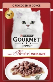 Упаковка Purina Gourmet Mon Petit Вологого корму для котів зі шматочками лосося в соусі 30 шт по 50 г