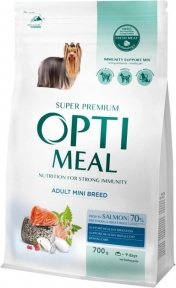Optimeal Повний раціональний сухий корм для дорослих собак мініатюрних порід з високим вмістом лосося Вага: 0.7 кг