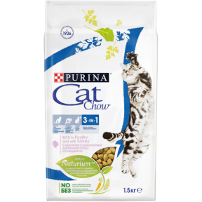 CAT CHOW FELINE 3в1 сухой корм для кошек с индейкой (pH, Hairball.Oral) 1,5 кг Акция-20%