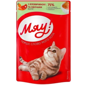 Влажный корм Мяу! для взрослых кошек со вкусом желе телятины и овощей 85 гр.