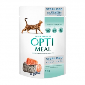 Optimeal Вологий корм для стерилізованих котів зі шматочками з лосося та чорницею 85г