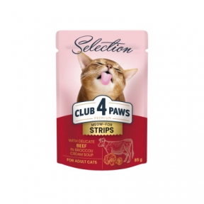 Акция Влажный корм Club 4 paws 85г Полоски для кошек с говядиной в супе с брокколи 12шт + 12шт в подарок