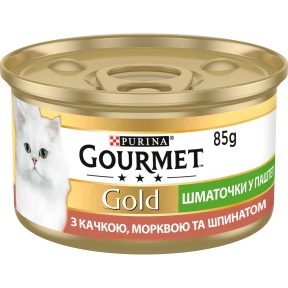 АКЦИЯ Gourmet Gold Кусочки в паштете влажный корм с уткой, морковкой и шпинатом для кошек 85 гр