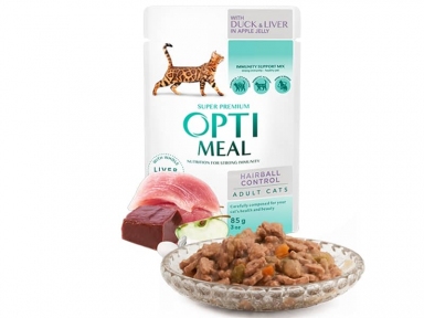 Optimeal Влажный корм для выведения шерсти у кошек с уткой и печеным яблоком в желе 12 шт 85г (-20% от цены)