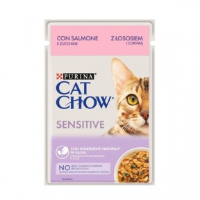 Cat Chow Sensetive влажный корм для кошек с чувствительной пищеварительной системой с лососем и цуккини, 85 г