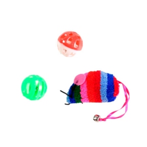 Набір іграшок для кішок кольорова миша і 2 м'ячика з брязкальцями